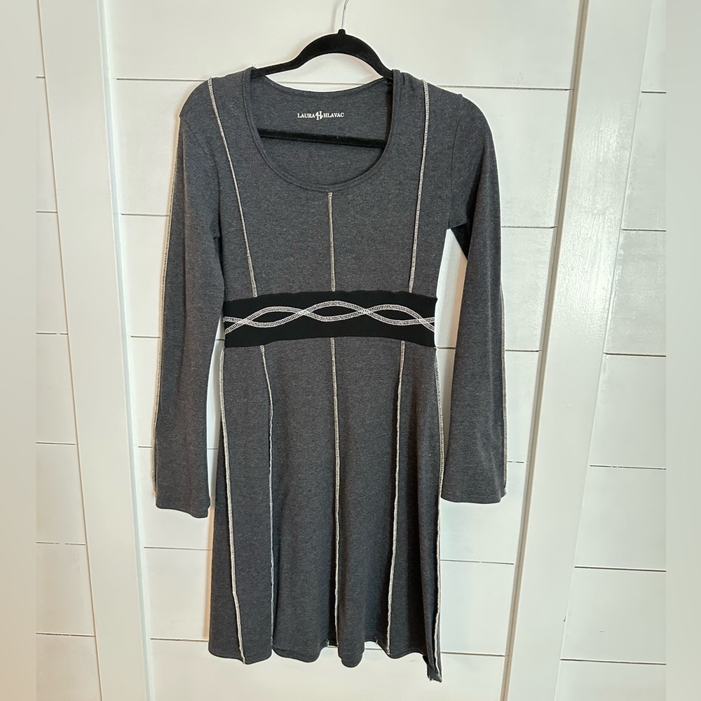 LAURA HLAVAC M Grey-black knit long sleeve cotton-spandex blend midi dress boho